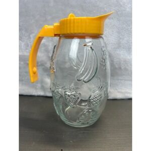 Vintage Glass Pitcher Embossed Fruit Design Yellow Lid & Handle